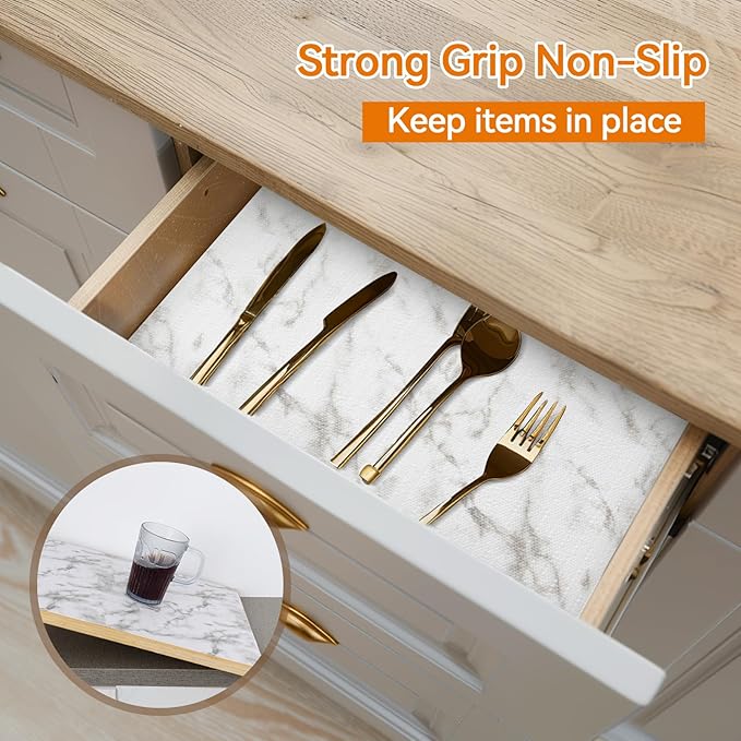 Shelf and Drawer Liner for Kitchen Cabinets Non-Adhesive, Strong Grip Non-Slip Thickened Cabinet Liners for Shelves, Waterproof Mats for Dresser Cupboard, Marble, 12 in x 30 Feet
