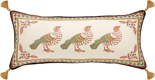 Rectangle Throw Pillow Covers,Brown Cozy Velvet Farmhouse with Birds and Floral Pattern Pillowcases,Decor Long Lumbar Pillows Cushion Covers for Couch Sofa Bed Car Chair,12"x28"