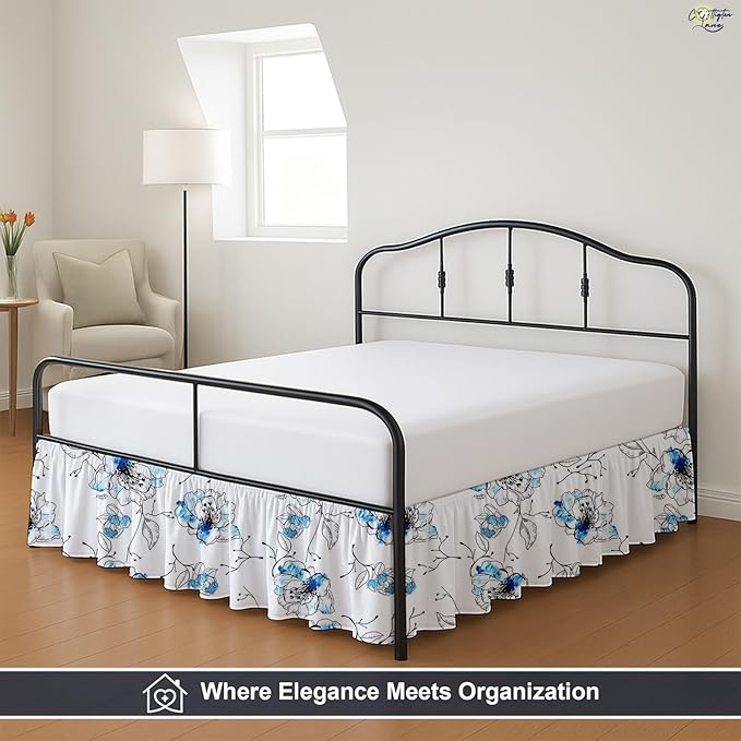 Cottington Lane Ruffled Bed Skirt Twin Size with Split Corner, Brushed Microfiber Hotel Quality Dust Ruffle, 21 Inch Drop Gathered Bedskirt, Soft, Stylish, Shrink & Fade Resistant, Blue Blossom
