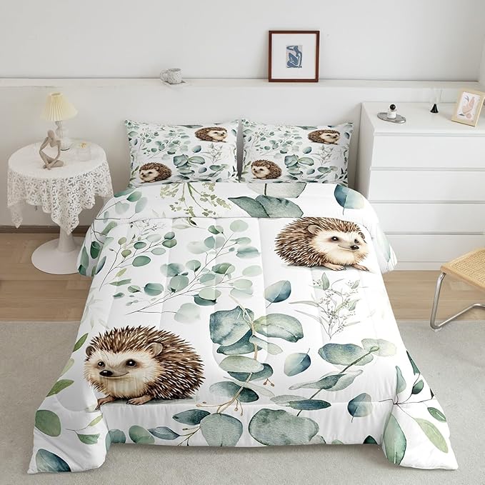 Erosebridal Cute Hedgehog Bedding King Size for Kids Child Green Eucalyptus Comforter Set King, Woodland Animal Duvet Insert Plant Leaves Quilt Set, Cartoon Wildlife Bedding Comforters & Sets