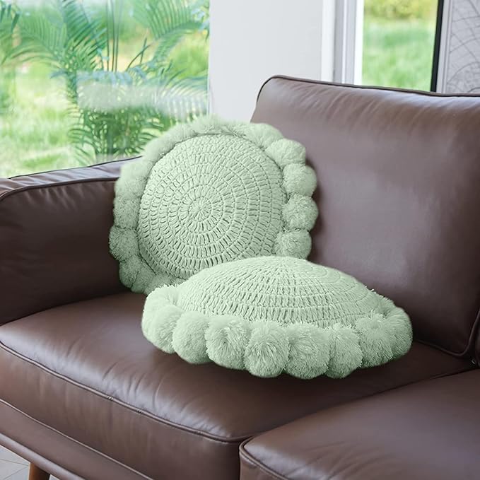 Boho Round Throw Pillow with Cute Handmade Pom Poms Tassels 18 Inch, Decorative Circular Knitted Crochet Cushion for Couch, Sofa, Chair, Bed, Sage Green