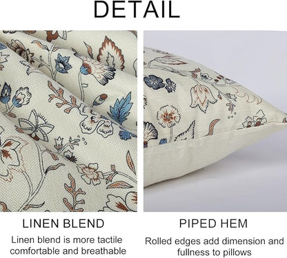 Vintage Flroal Pillow Cover 18x 18 Set of 2, Chinoiserie Blooming Blue Flower Decorative Linen Pillow Cushion Case,Vintage Home Decor for Outdoor Couch Bedroom Car