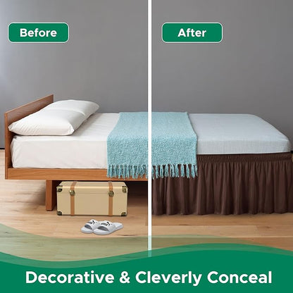 Biscaynebay Wrap Around Bed Skirts for Queen Beds with Short Drop of 12", Brown Adjustable Elastic Dust Ruffles Easy Fit Wrinkle Resistant Silky Luxurious Fabric Machine Washable