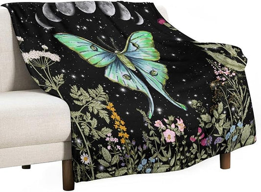 Moth Floral Flannel Blanket, Gothic Witchy Moon Phase Botanical Vintage Wildflower Plantsprint Soft Warm Fuzzy Throw Blanket for Couch Sofa Office Bed, 50"x60"