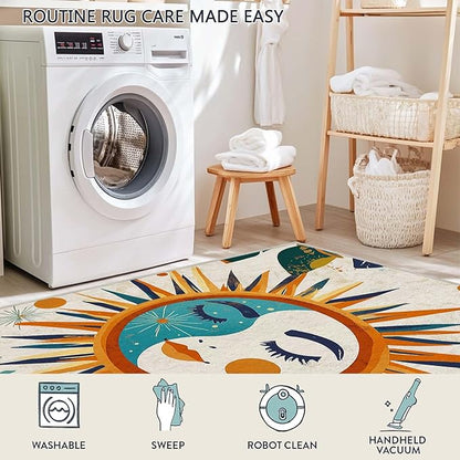 6x9 Sun and Moon Area Rug Leaf Orange Yellow Blue Beige Rug Non Slip Low Pile Large Carpet for Home Kitchen Living Room Bedroom Dining Room Office