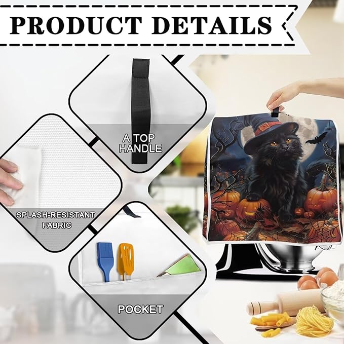 Black Cat Stand Mixer Cover 6-8 Quart Pumpkin Bat Kitchen Appliance Covers Dust Protection Universal for Pressure Cooker Air Fryer Halloween Kitchen Home Decorations