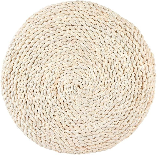 Japanese Round Tatami Hand Woven Floor Cushion, Meditation Yoga Mat, Corn Bran Pouf with Silk Floss Filler, Ergonomic for Zen Tea Ceremony, Home Decor, 40x40x6cm