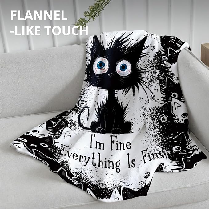 Funny Black Cat Blanket, It's Fine Everything is Fine Funny Throw Blankets for Home Bedroom Living Room Couch Bed Decor, Black Cat Mom Lovers Gifts for Women, 50x60 Inch