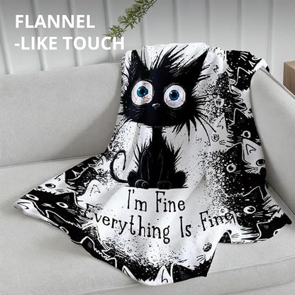 Funny Black Cat Blanket, It's Fine Everything is Fine Funny Throw Blankets for Home Bedroom Living Room Couch Bed Decor, Black Cat Mom Lovers Gifts for Women, 50x60 Inch