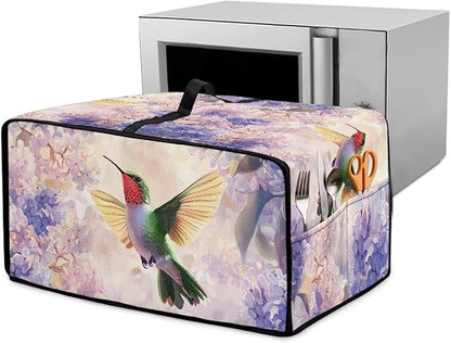 Hummingbird Hydrangea Floral Print Dust Cover for Microwave Oven Waterproof Heavy Duty Microwave Oven Cloth Cover with Storage Pockets Kitchen Appliance Protector, L