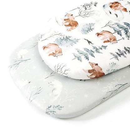 Stretchy Bassinet Mattress Sheets, Ultra Soft Bassinet Sheet 2 Pack, Universal Fitted for Oval Hourglass Rectangular Bassinet Mattress Pad Safe and Snug, Stylish Pattren of Bear and Wolf Print
