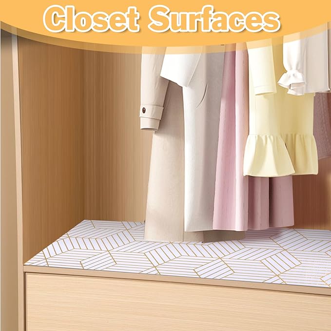 Shelf Liners for Kitchen Cabinets Non Adhesive Shelf Liner Paper Non-Slip Thickened Drawer Liner Easy to Clean for Tool Box Refrigerator with Knife and Tape Measure, Gold Geometric, 11.8 x 354.3 in