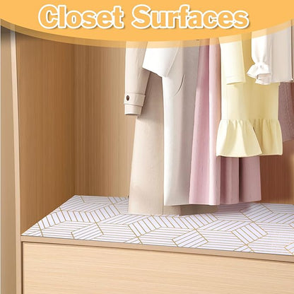 Shelf Liners for Kitchen Cabinets Non Adhesive Shelf Liner Paper Non-Slip Thickened Drawer Liner Easy to Clean for Tool Box Refrigerator with Knife and Tape Measure, Gold Geometric, 23.6 x 354.3 in