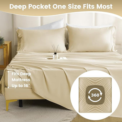 Holtel Luxury Twin Sheet Set - 3 Piece Soft Microfiber Sheets for Twin Size Bed, 16" Deep Pocket Easy Care Wrinkle Free Cooling Bedding Sheet and Pillowcase Set, Beige