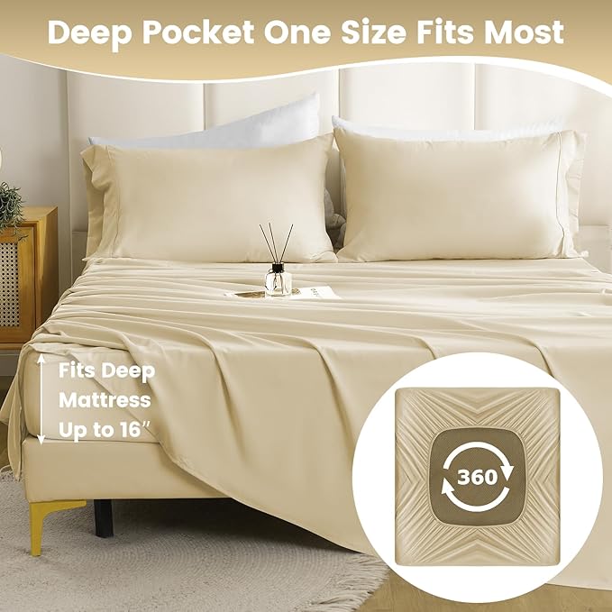Silky Soft Twin XL Sheet Set - Luxury 3 Piece Breathable Cooling Microfiber Sheets, 16" Deep Pocket Easy Care Wrinkle Free Bedding Sheet and Pillowcase Set, Beige