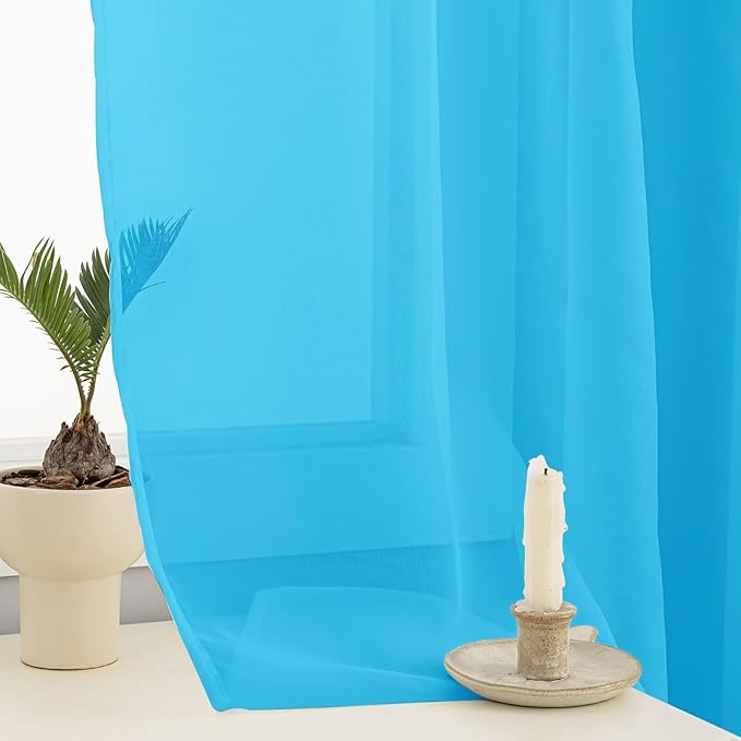 Sheer Curtains 72 Inches Long 2 Panels, Rod Pocket Short Curtain for Kitchen, Bedroom, Cafe Window(Cyan Blue 38" W x 72" L)