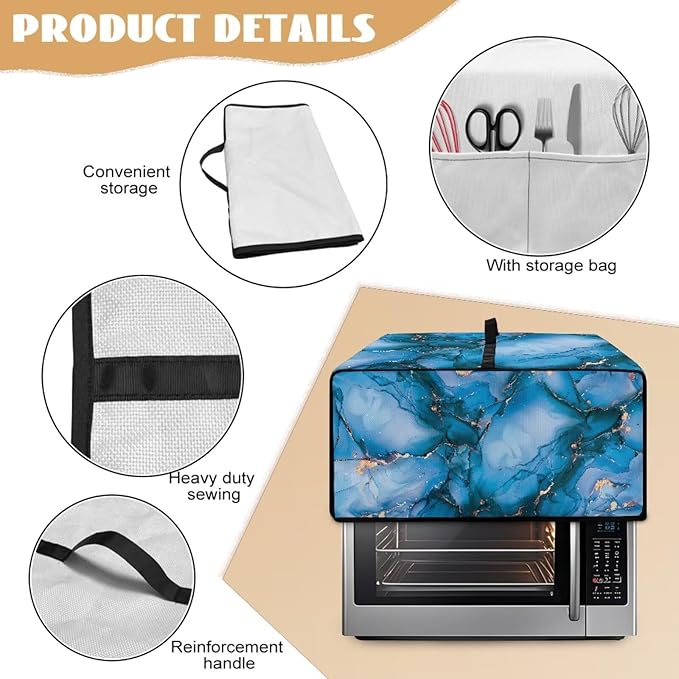 Toaster Oven Dust Cover with Storage Pockets, Dust Protection Smart Oven Cover for Kitchen Countertop Home Decor, M, 16.5 x 20.5 x 10 Inches, Blue Gold Marble