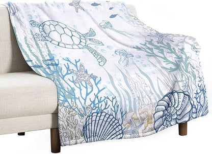 Nautical Turtle Throw Blanket, Coastal Sea Ocean Theme Coral Starfish Seashell Jellyfish Undersea Life Fleece Blanket for Summer Home Bed Sofa Couch Chair, 60"x80"