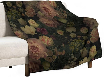Black Floral Blanket, Rustic Watercolor Botanical Rose Peony Vintage Leaves Plant Boho Gothic Print Throw Blankets for Bed Living Room Bedding Couch Soft Decor, 50"x60"
