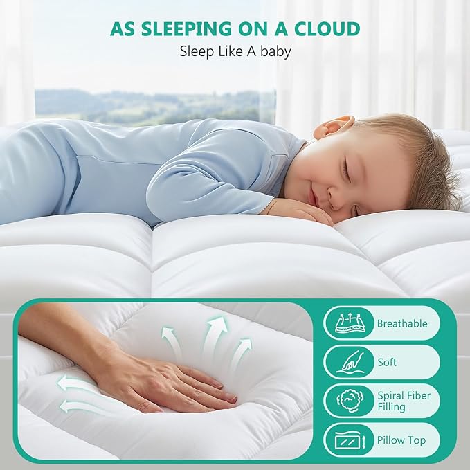 King Mattress Topper - Extra Thick Mattress Pad Cover - Pillow Top with Soft Breathable Spiral Fiber Filling, 8-21 Inch Deep Pocket, Cooling, White