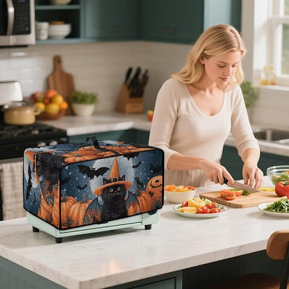 Bat Cat Pumpkin Moon Print Toaster Oven Cover Dust-Proof Microwave Oven Grill Cover Protector with Top Handle Reusable Reusable Kitchen Accessories for Halloween Decor, S