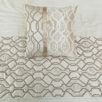 The HomeCentric King/Queen/Twin Ivory & Silver Decorative Full 68"x18" Bed Runner with 2 Pillow Cover, Lattice & Quilted Bed Scarf on Jacquard Silk Fabric - Ivory Delicacy