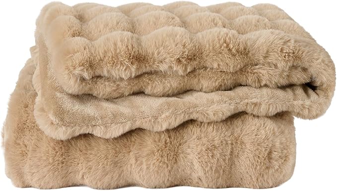 Lotus Karen Faux Fur Throw Blanket Khaki - Big Bubble Rabbit Fluff Blanket for Couch, Small Fluffy Fuzzy Cozy Blanket, Thick Furry Plush Shaggy Blankets, 50x60 Inches