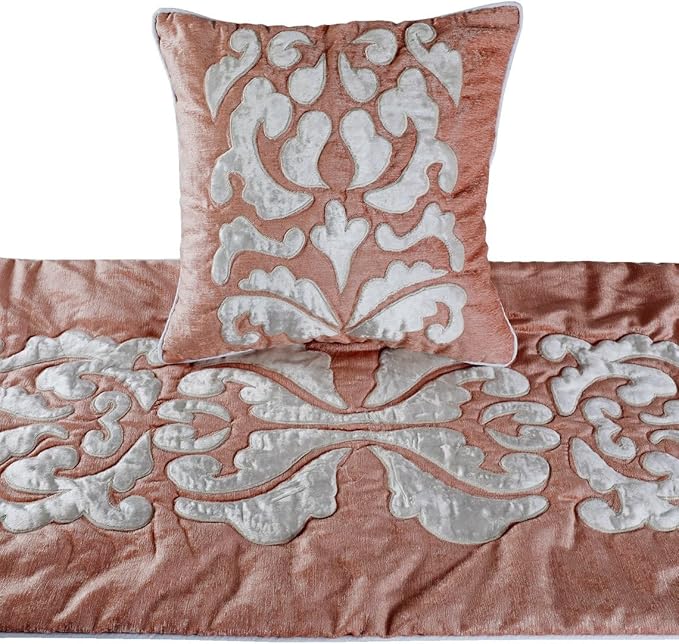 The HomeCentric Handmade Peach & Ivory King 90 x 18 inch Bed Runner Without Pillow Cover, Velvet Applique Bed Scarf, Abstract Modern - Peach Elegance