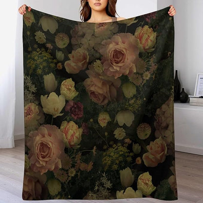 Black Floral Blanket, Rustic Watercolor Botanical Rose Peony Vintage Leaves Plant Boho Gothic Print Throw Blankets for Bed Living Room Bedding Couch Soft Decor, 50"x60"