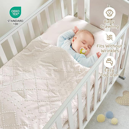 Wowelife Crib Bedding Set for Girls, 3 Pieces Baby Crib Bedding Set Newborn, Mini Tufted Jacquard Ruffle Fringe Boho, Infant & Nursery with Comforter, Crib Fitted Sheet and Crib Skirt, Beige