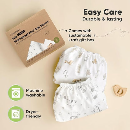 2-Pack Waterproof Pack and Play Sheets, Mini Crib Sheets Fitted for Boy, Girl - 38 x 26 Viscose from Bamboo Pack N Play Mattress Sheets for Graco, Toddler Playard Baby Crib Sheets Neutral (KeaSafari)