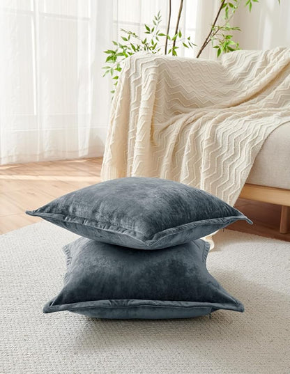 Luxurious Velvet Euro Shams Decorative Throw Pillow Covers 26x26 Set of 2 Solid Square Euro Pillow Shams for Sofa Couch Bedroom, Blue Gray