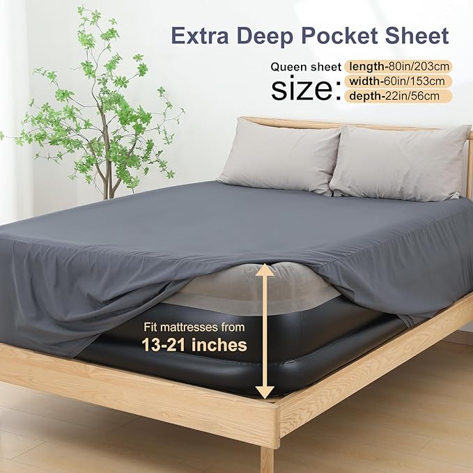 Lewondr Extra Deep Pocket Queen Sheet for Air Mattress, Queen Sheets Deep Pocket Bed Sheet with All-Round Rubber Band, Sanded Fabric Mattress Sheet and Enveloped Opening, Fit with 13-21 in, Bed Sheet