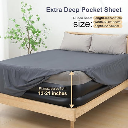 Lewondr Extra Deep Pocket Queen Sheet for Air Mattress, Queen Sheets Deep Pocket Bed Sheet with All-Round Rubber Band, Sanded Fabric Mattress Sheet and Enveloped Opening, Fit with 13-21 in, Bed Sheet