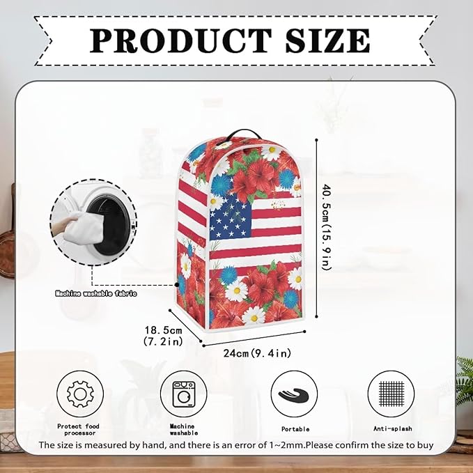 4th of July Blender Covers for Kitchen Food Processor Cover with Handle, Dust Covers for Kitchen Appliances Stand Mixer or Coffee Maker Appliance Cover, USA Flag Daisy