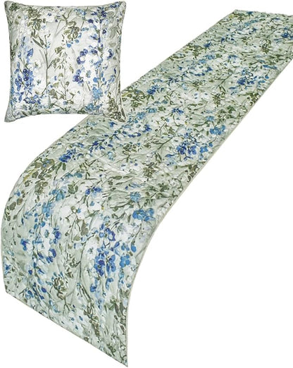 The HomeCentric King/Queen/Twin Blue Decorative Bed Runner Queen 74"x18" Bed Runner with Two Pillow Cover, Quilted Bed Scarf on Cotton Fabric - Garden Grace