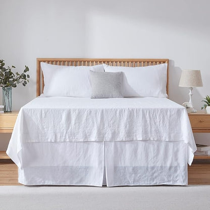 Simple&Opulence Belgian Linen Bed Skirt with Classic 22 inch Tailored Drop Dust Ruffle, Easy Fit Breathable Premium Natural Flax - Basic White, King