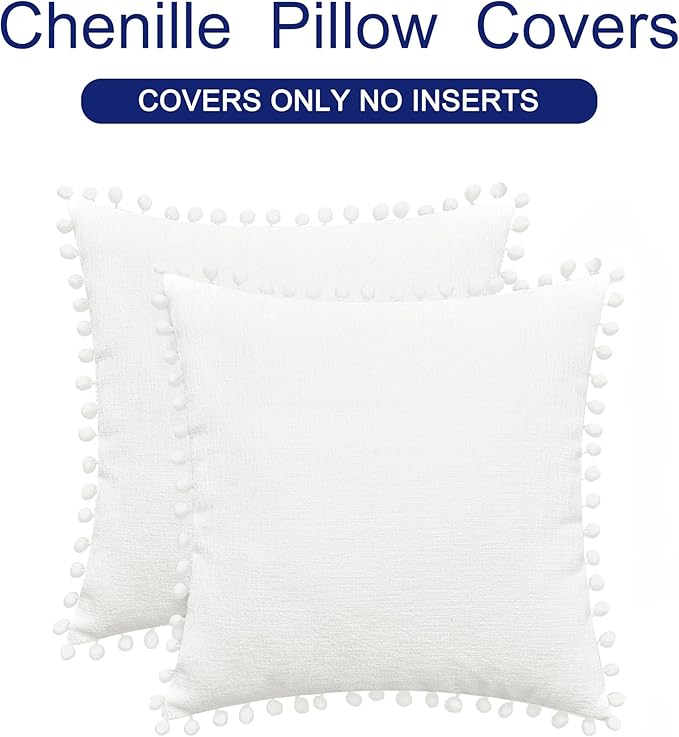 CaliTime Throw Pillow Covers Decorative 20 X 20 Inches Pack of 2 Cozy Solid Dyed Soft Chenille Cushion Cases with Pom Poms for Couch Sofa Bed Living Room Home True White