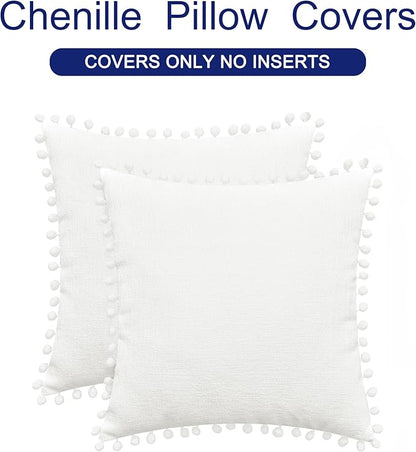 CaliTime Throw Pillow Covers Decorative 20 X 20 Inches Pack of 2 Cozy Solid Dyed Soft Chenille Cushion Cases with Pom Poms for Couch Sofa Bed Living Room Home True White