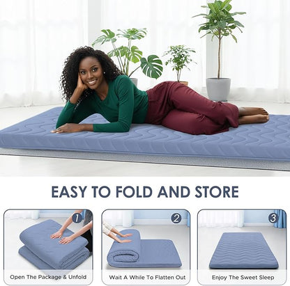Japanese Floor Mattress, 100% High Density Comfortable Foam, 4" Thicken Foldable Mattress Tatami Mat Sleeping Pad, Ideal for Comfort and Support, Kids Floor Lounger Pillow Bed Sofa, Blue, Twin