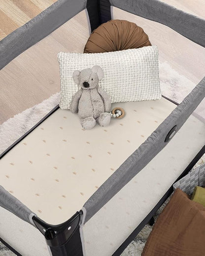 Blissful Diary Muslin Mini Crib Sheets, Pack and Play Mattress Sheets Fitted for Pack N Play, Soft Cotton for Boys Girls, 2 Pack(Sunshine&Brown)