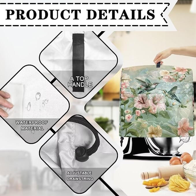 Generic Stand Mixer Cover Dust Covers for 4.5qt-5qt Kitchen Aid Mixer Hummingbird Print Polyester Waterproof with Drawstring Closure