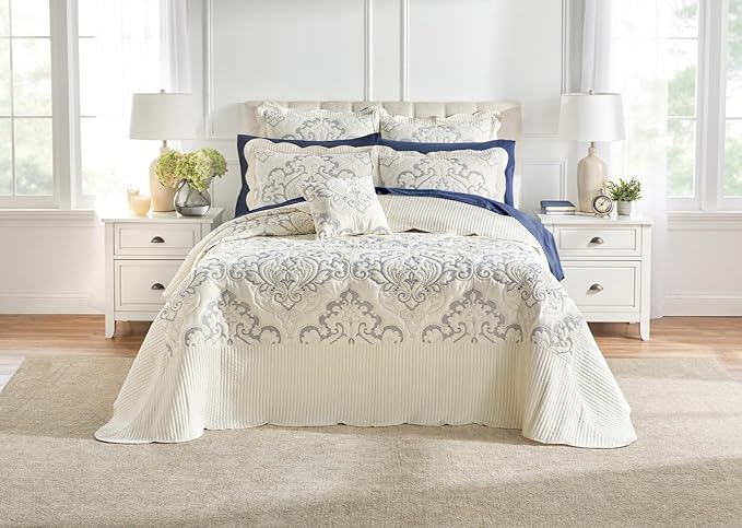 BrylaneHome Bedding Lightweight All Season Modern Amelia Quilted Damask Oversized Ultra Soft Bedspread - Full, Ivory Navy