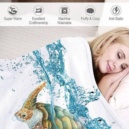 Sea Turtle Throw Blanket, Teal Blue Ocean Underwater Animal Starfish Fish Nautical Coastal Theme Fleece Flannel Blanket for Couch Sofa Bedroom Adults Kids, 40"x50"