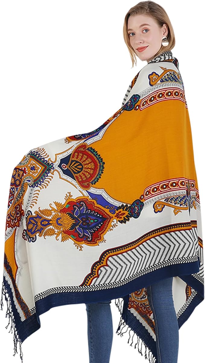 DANA XU 100% Merino Wool Extra Large Pashmina Blanket Travel Scarf Cashmere Wrap for Women Fall Winter Oversize Shawl Floral