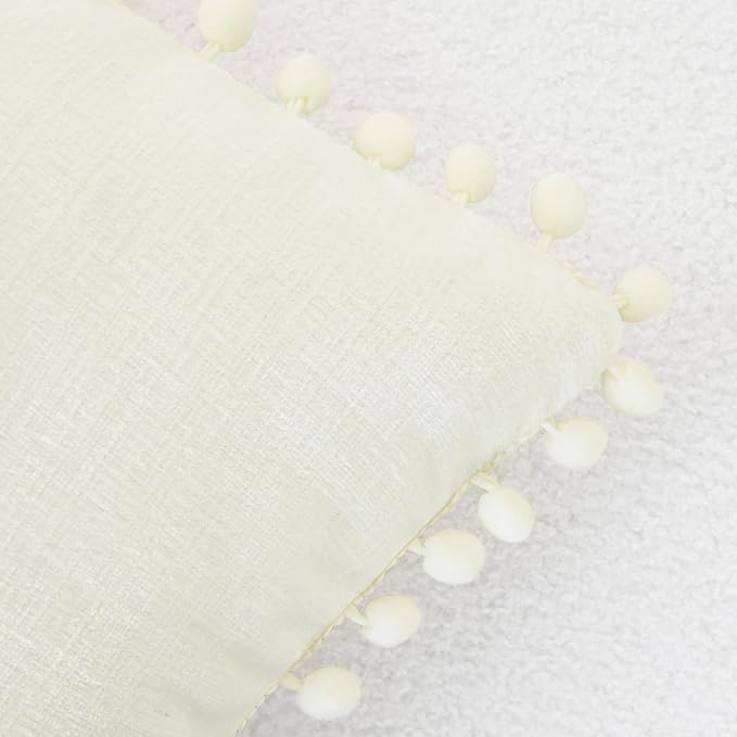 CaliTime Throw Pillow Covers Decorative 16 X 16 Inches Pack of 2 Cozy Solid Dyed Soft Chenille Cushion Cases with Pom Poms for Couch Sofa Bed Living Room Home Cream
