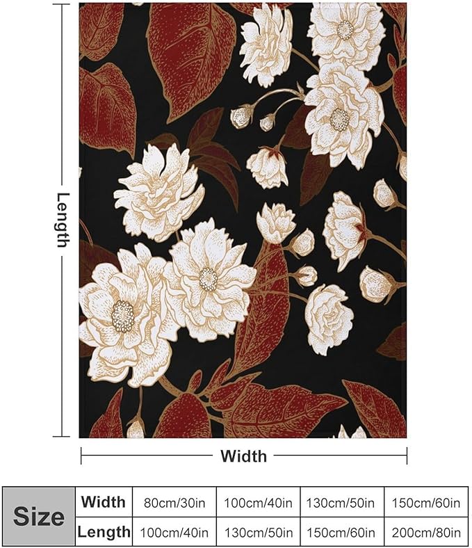 Red Gold Floral Blanket, Boho Dark Flower Leaves Chinese Plum Blossoms Botanical Vintage Throw Blanket for Bed Living Room Bedding Couch Soft Lightweight Warm Cozy Decor, 60"x80"