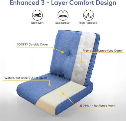 Patio Chair Cushions 5 Packs - Outside 22x24 High Back Water-Resistant Cushion with Zipper Cover for Outdoor Glider Rocking Chairs Loveseat 3-seat Couch Sofa – Blue/Buckle