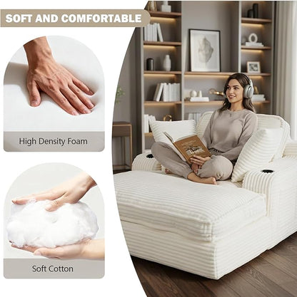 67" Oversized Fluffy Sleeper Chair Indoor, Cozy Cloud Couch with Cup Holders & Throw Pillows, Boneless Chaise Lounge Sofa for Living Room, Movie Room and Apartments, Beige