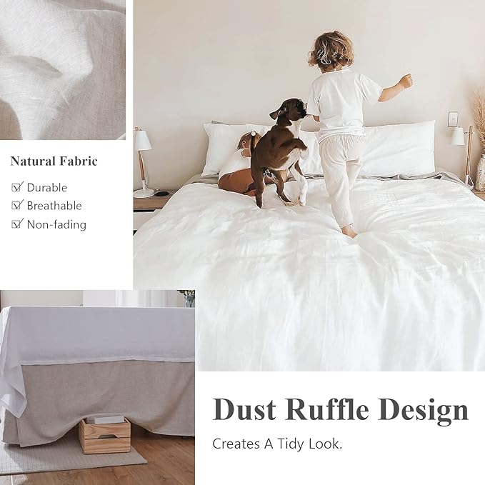 Simple&Opulence Belgian Linen Bed Skirt with Classic 14 inch Tailored Drop Dust Ruffle, Easy Fit Breathable Premium Natural Flax- Basic Linen, King